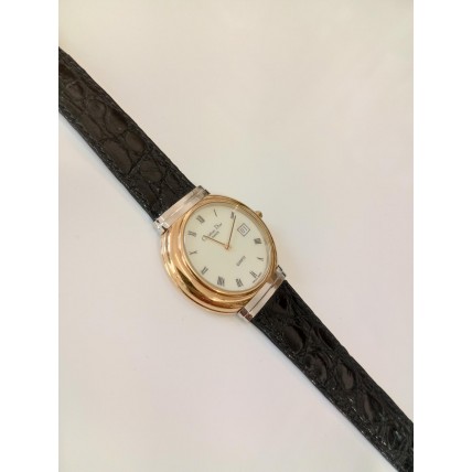VINTAGE Christian Dior γυναικείο ρολόι με επίχρυσο και ασημί καντράν και μαύρο δερμάτινο λουράκι (VIN13)